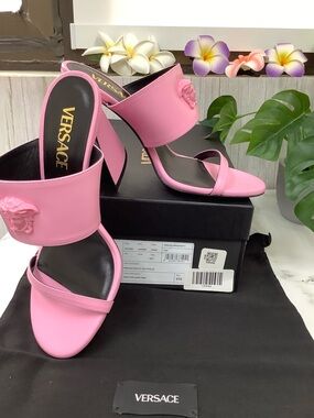 NIB Versace Pink Leather Medusa Strap Block Heel Mules